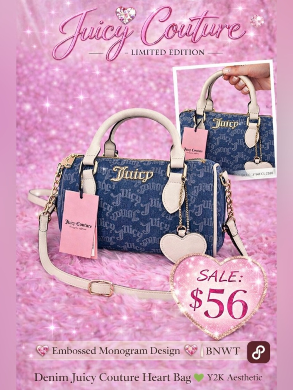 Juicy Couture Denim Barrel Bag 💙 BNWT Y2K Heart Charm Rare✨